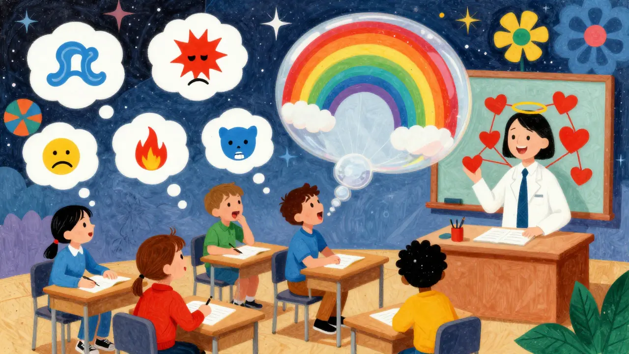 Děti ve třídě učí se rozpoznávat emoce přes barevné bubliny a dýchací kruhy pod kaleidoskopickým pozadím.