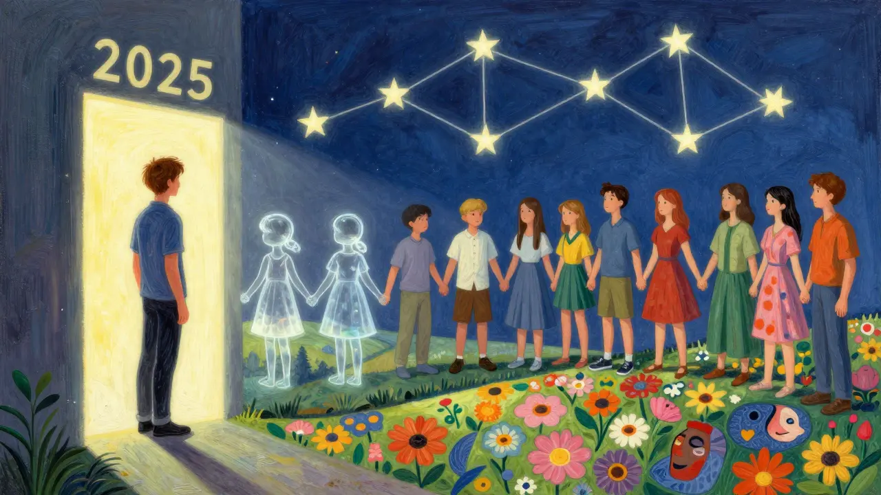 Dospělý muž se dívá zpět na dítě, které se mění ve hvězdnou konstelaci podpory.