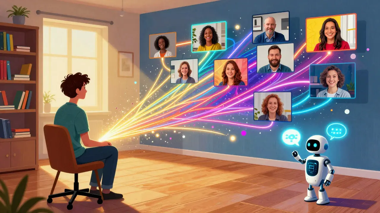 Hybridní terapeutické sezení: část reálná, část digitální, propojená barevnými linkami a s malým AI asistentem.