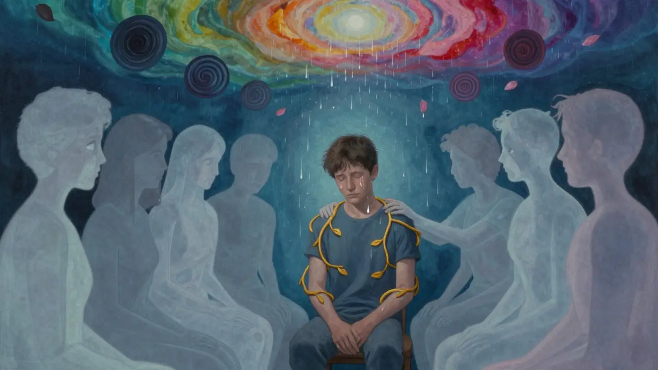 Jedna osoba sedí ticho, zatímco kolem ní plavou emoce jako barvité průhledné obrazce.