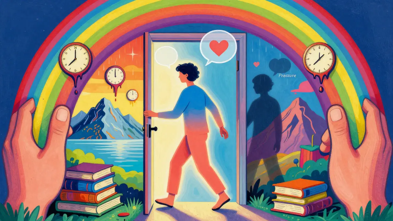 Klient krokem vstupuje do místa klidu, zatímco tlak za ním mizí.