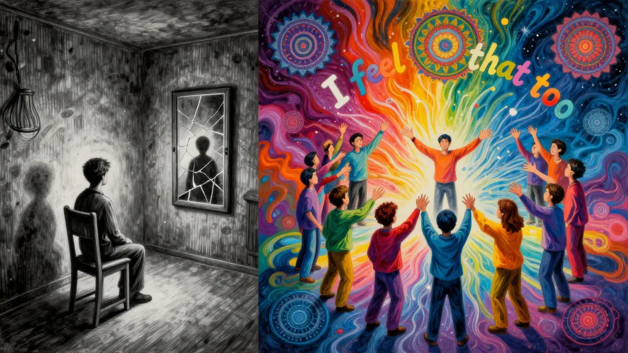 Kontrast mezi osamělou postavou v šedom a stejnou postavou v barvité skupině.