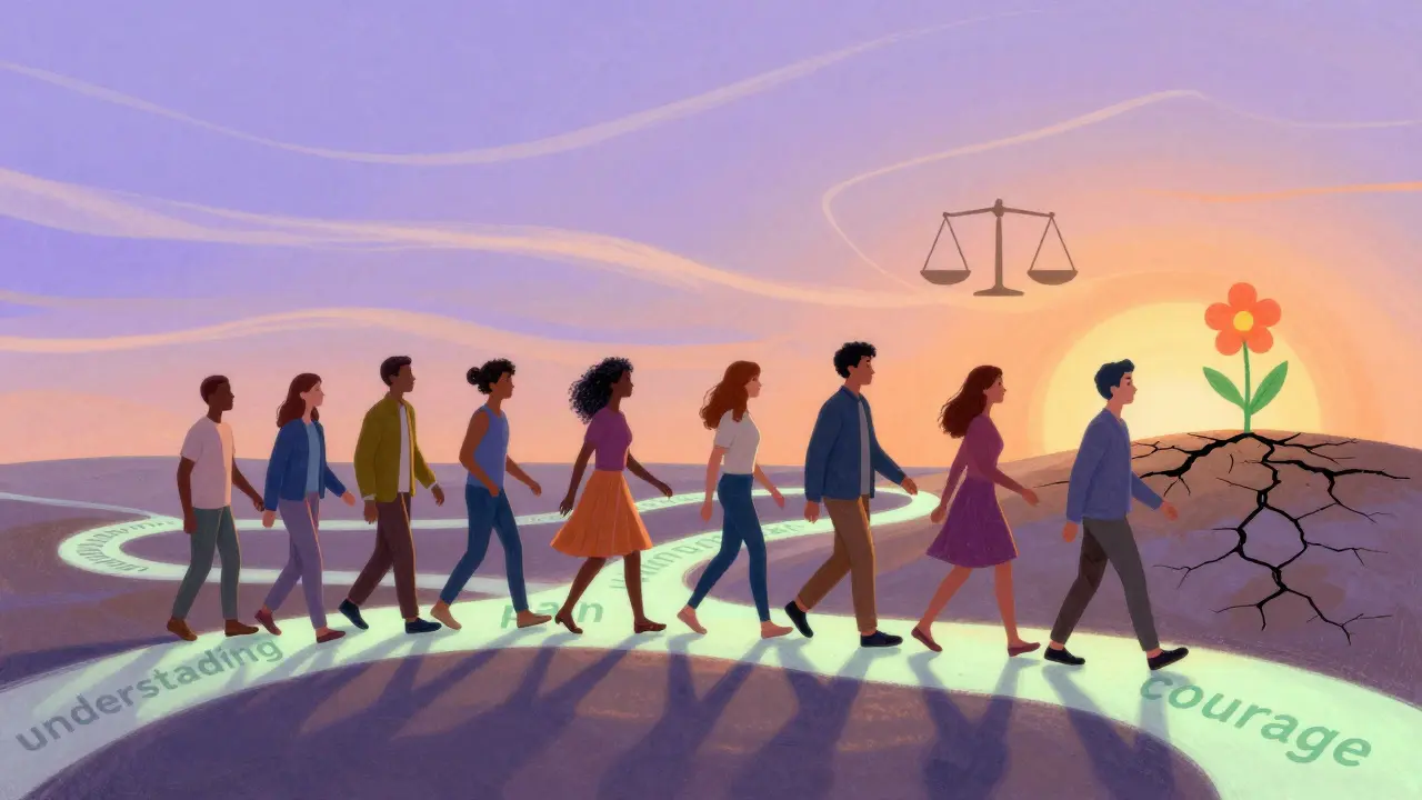 Lidé jdou po cestě z rukou, kolem nich plavou symboly úspěchu terapie, v živém, kresleném stylu Petera Maxe.