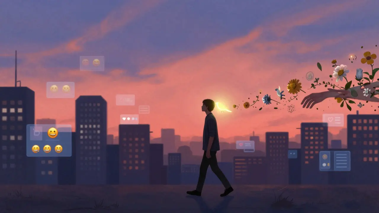 Muž prochází digitálním městem, ale všímá si jen malého ptáka na rameni, zatímco digitální šum přeměňuje v květiny.