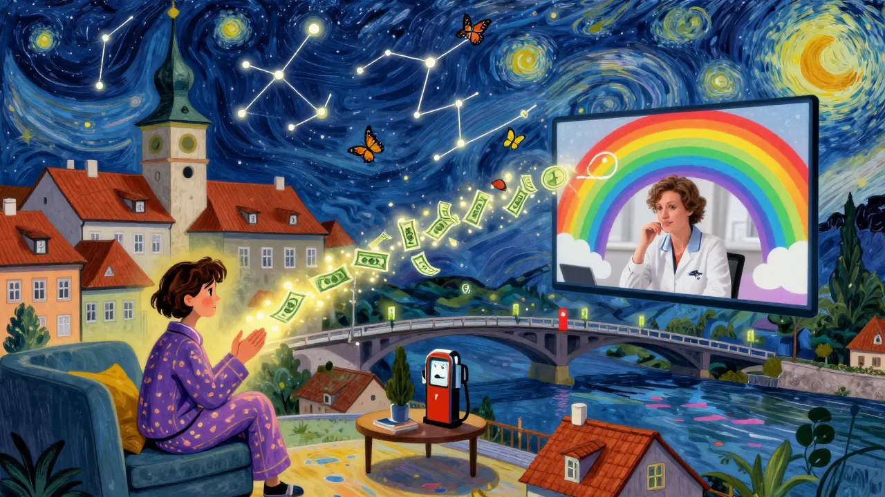 Online terapie spojuje klienta z venkova s terapeutem v Praze přes duhovou obrazovku v psychedeliczním stylu.