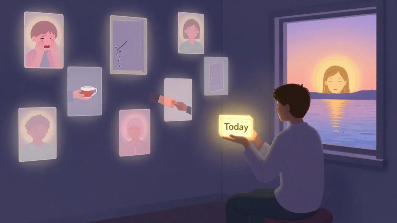 Osoba drží jednu svítící cihlu, kolem ní se vznášejí vzpomínky a klidná reflexe.