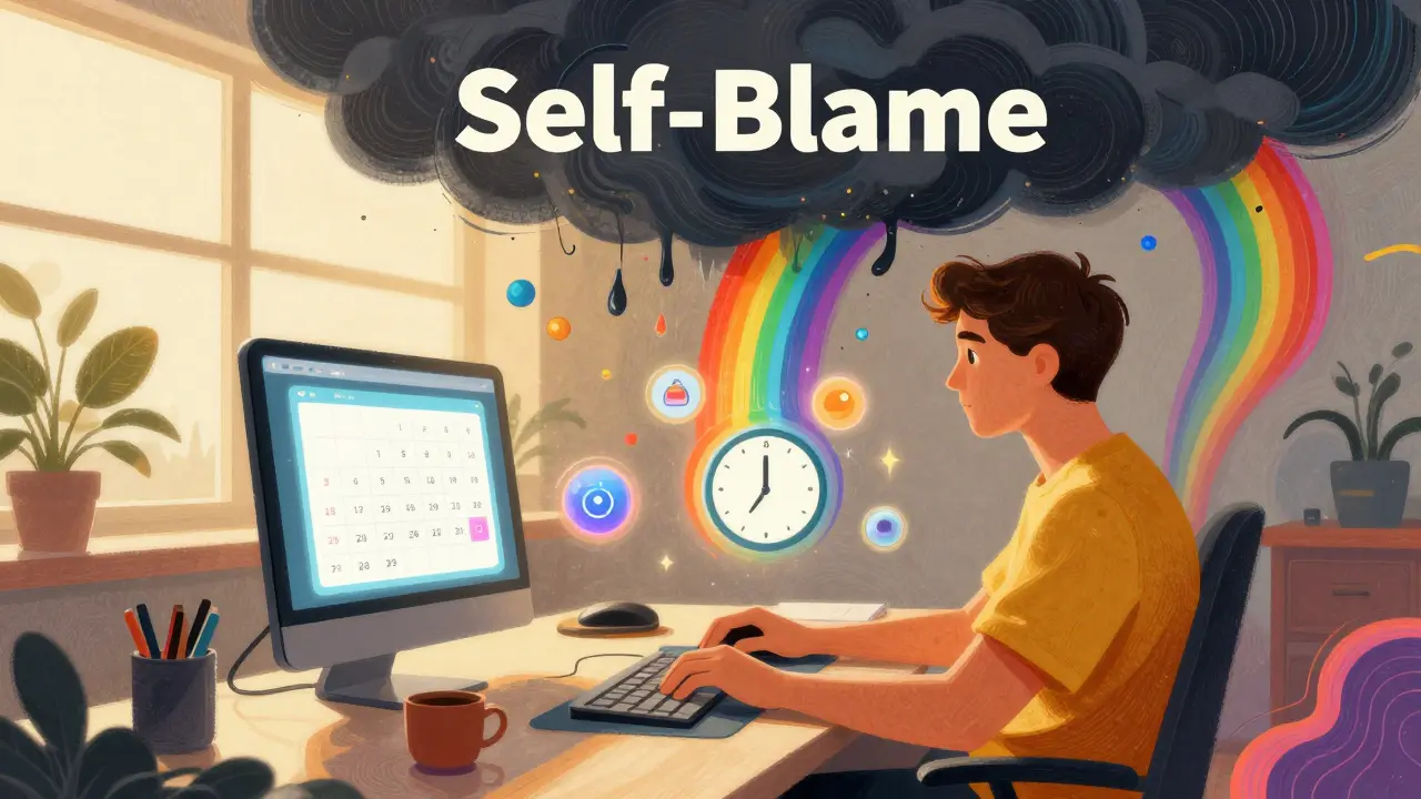 Osoba pracuje u stolu s digitálními nástroji, zatímco temná mraka se mění v duhu.