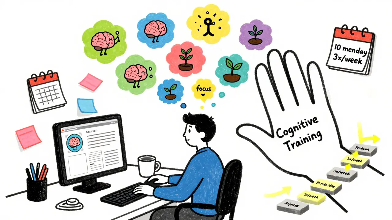 Osoba s plněním myšlenek v podobě malých mozku při cvičení, vedená rukou kognitivního tréninku.