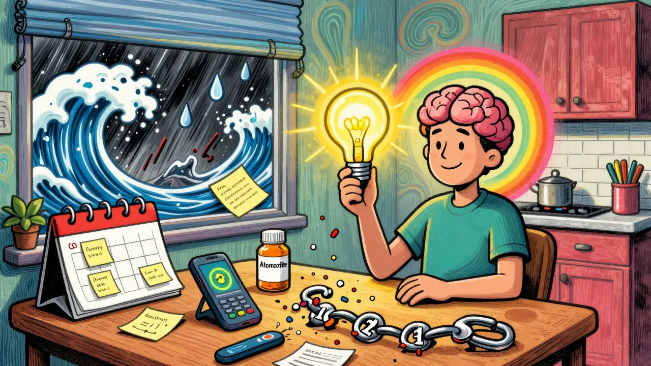 Osoba v klidu u stolu s pomůckami pro ADHD, zatímco 12-krokové symboly mizí.