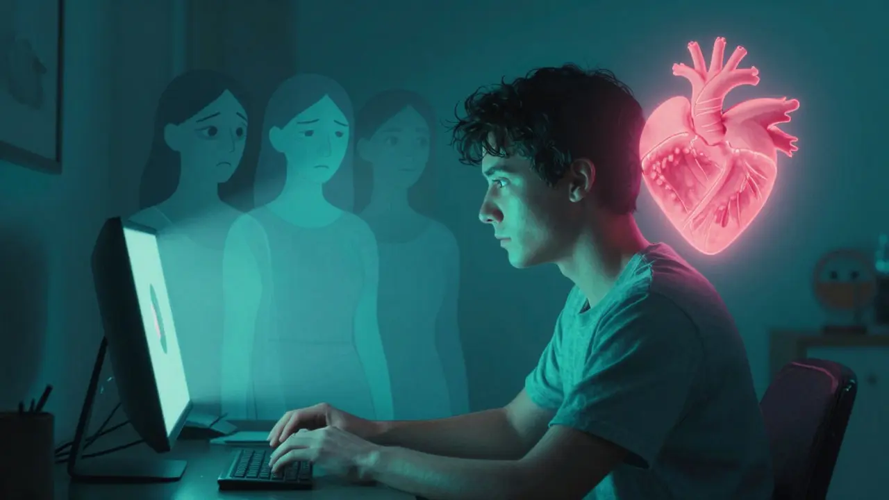 Osoba zapíná kameru, její tvář se objevuje ve světlých barvách, zatímco temné stíny minulosti mizí.