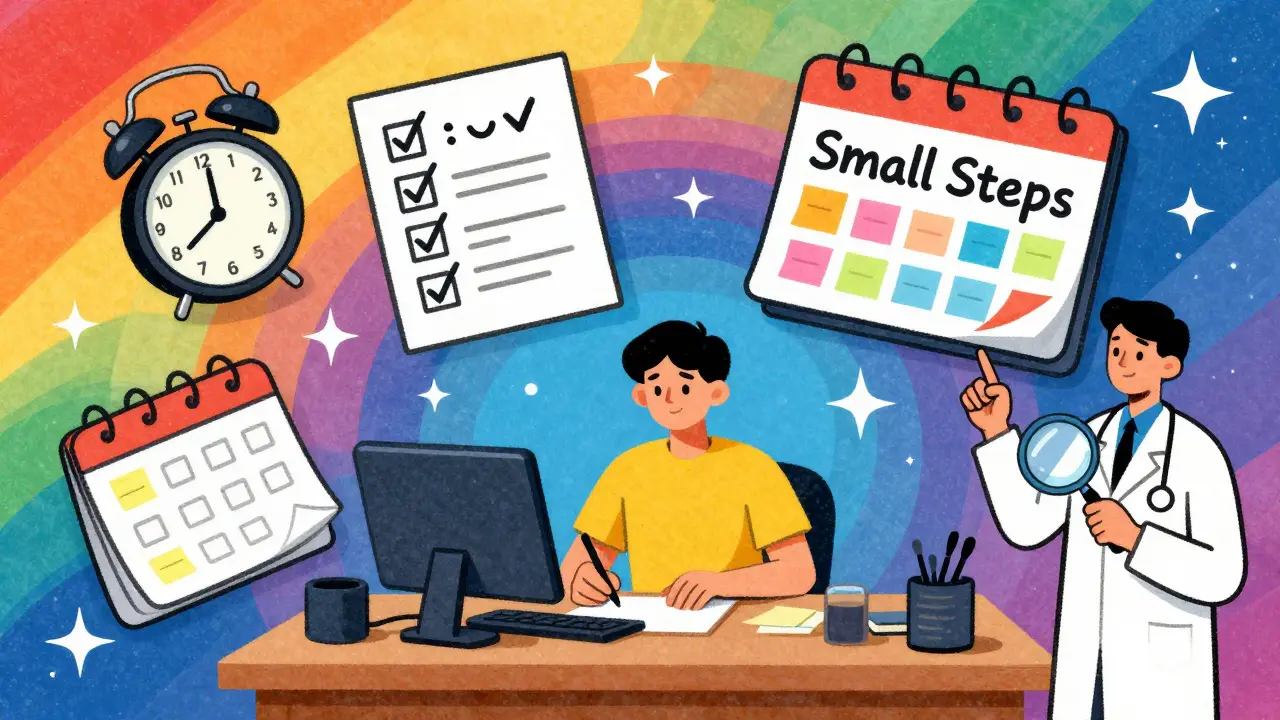 Person at desk surrounded by floating calendars and reminders in colorful cartoon style.