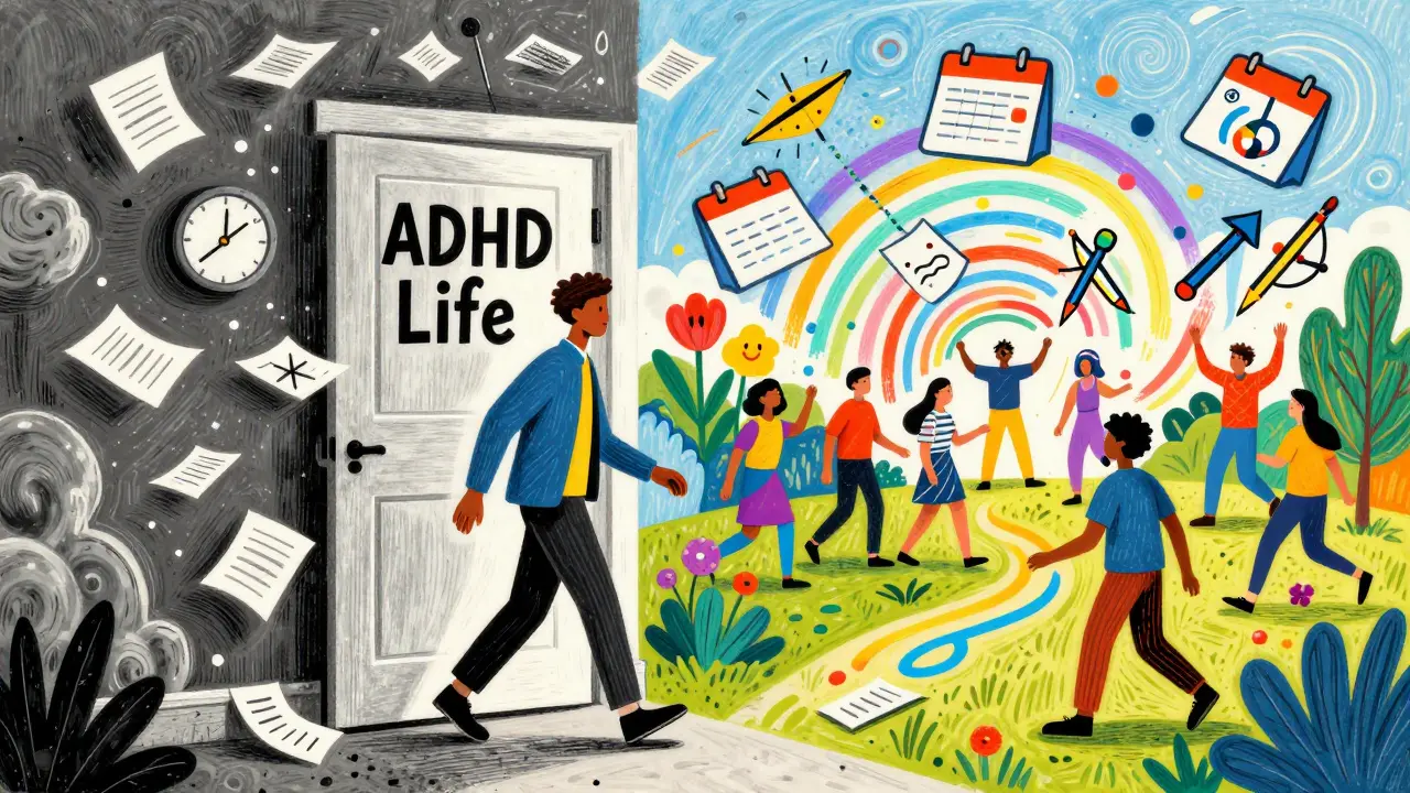 Person walking from chaos to joy, symbolizing ADHD transformation through therapy and meds.