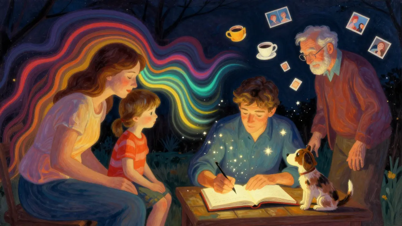 Rodina společně dýchá a píše v domácnosti, kolem nich se vznášejí svítící vzpomínky a barevné vlny klidu.