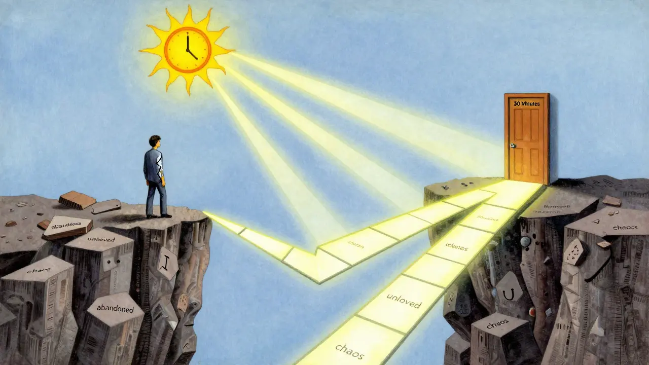 Rozpadající se postava se drží za jasnou cestu strukturovaného sezení.