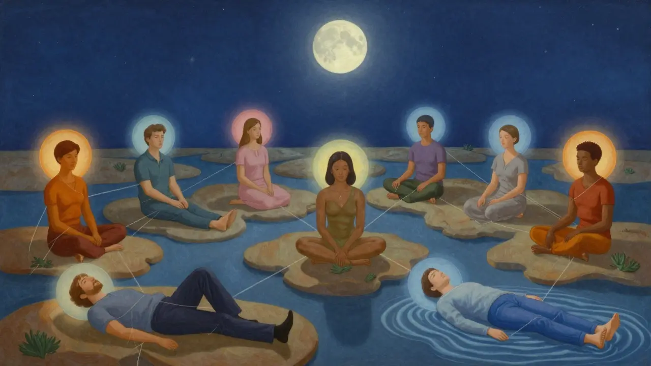 Různí lidé v klidu jsou spojeni zářivými vlákny, každý má vlastní barvu pocity, v klidném nebi.