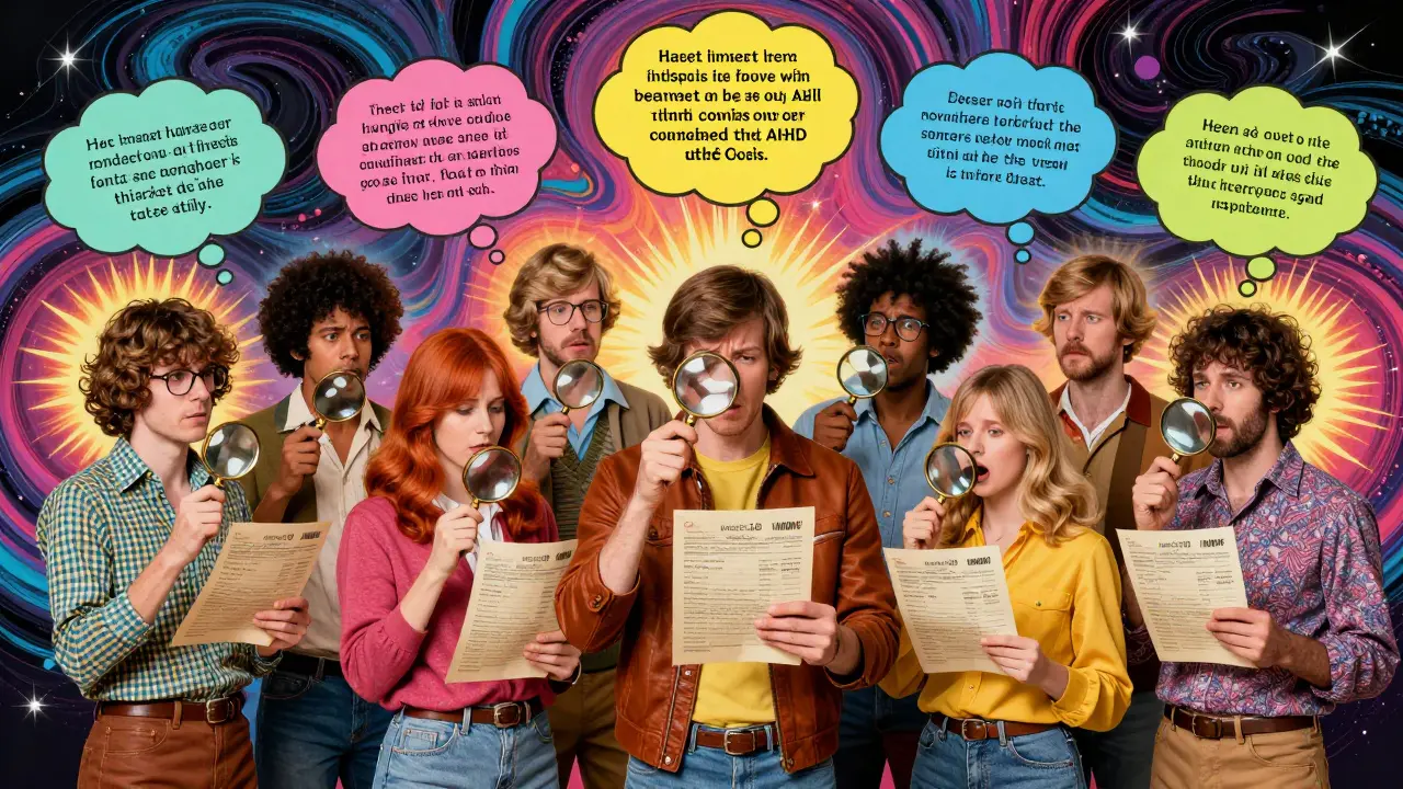 Skupina dospělých prozkoumává staré školní vysvědčení v barvitém, psychedelickém prostředí.