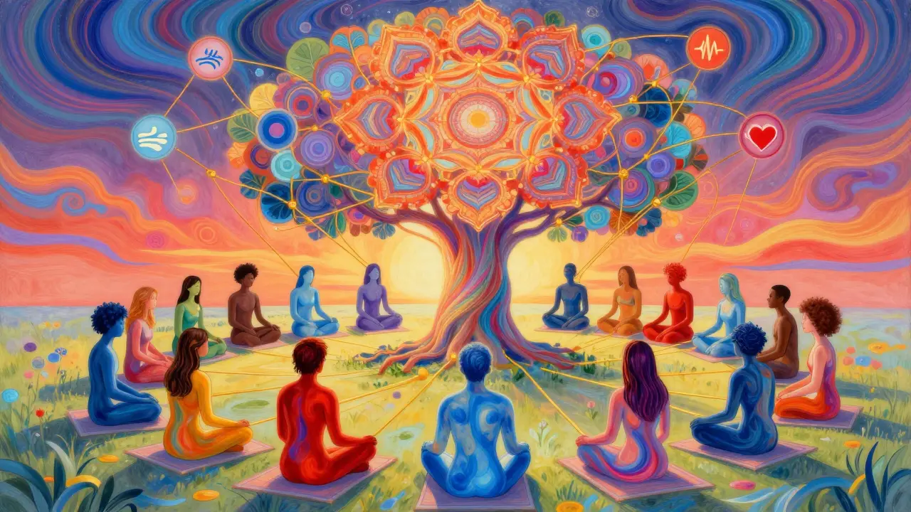 Skupina lidí sedí v kruhu pod kvetoucím stromem, propojených zlatými nitěmi podpory.