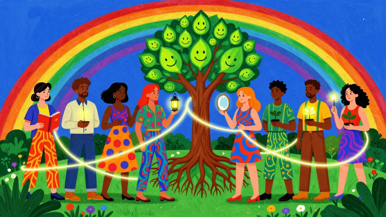 Skupina lidí stojí v kruhu v zahradě, spojená světelnými pásy, každý drží předmět symbolizující jeho hodnotu.