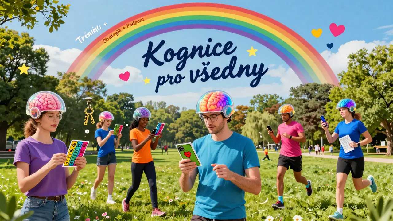 Skupina lidí v parku s brýlemi tvaru mozku, sdílí strategie, nad nimi prstencová duha s nápisem 'Kognice pro všechny'.