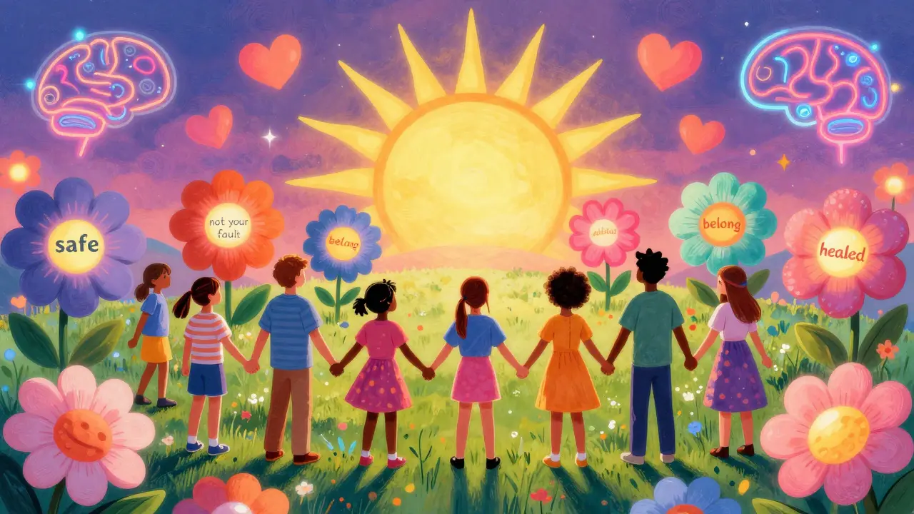 Skupina lidí v poli květin s křížky slov, která znamenají hojení a důvěru.