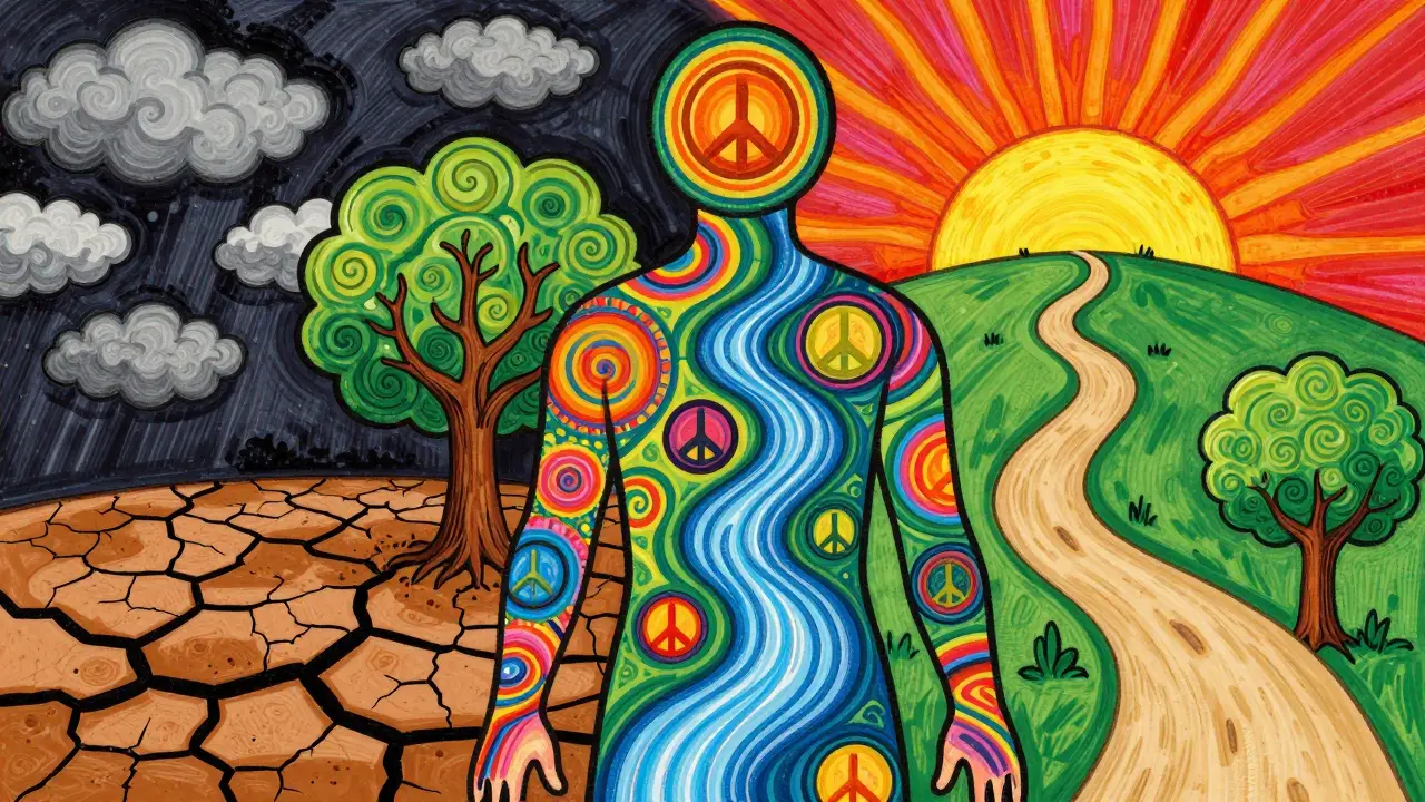 Tělo jako krajina: jedna strana je zničená, druhá kvete – symbolizuje léčbu bolesti.