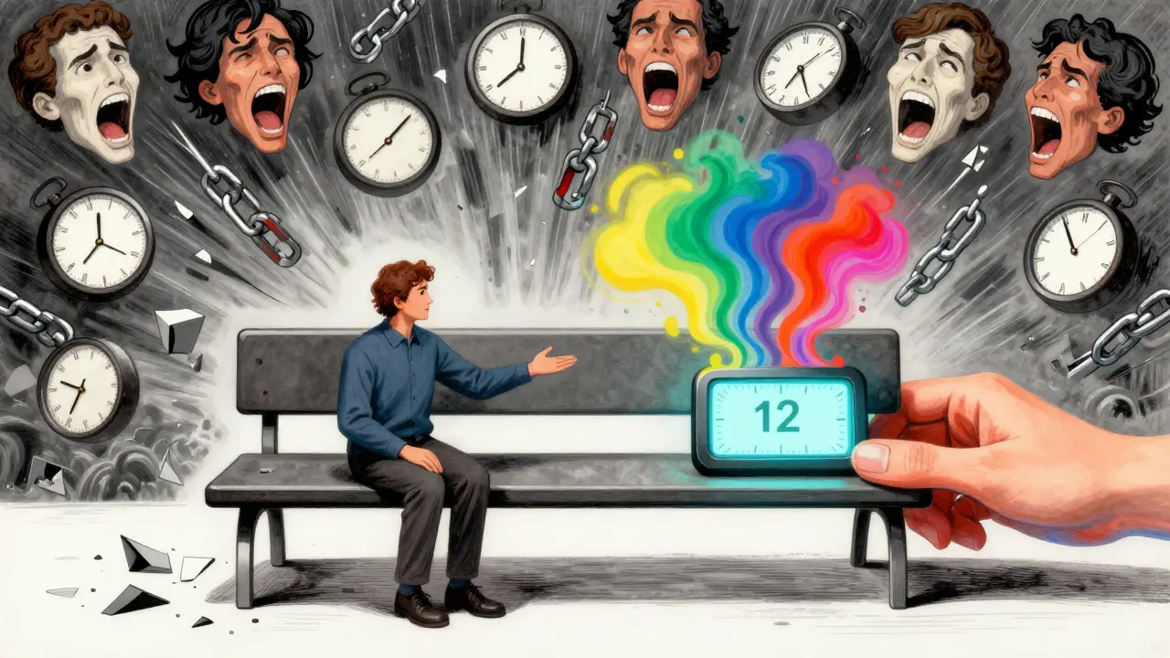 Terapeut klidně sedí, zatímco kolem něj bouří emoce, ale časový odpočet zůstává pevný.