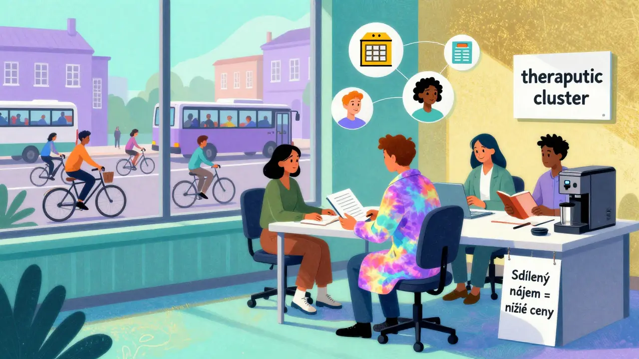 Terapeuti ve sdílené kanceláři v regionu, společně pracují s klienty v barevném, optimistickém stylu.