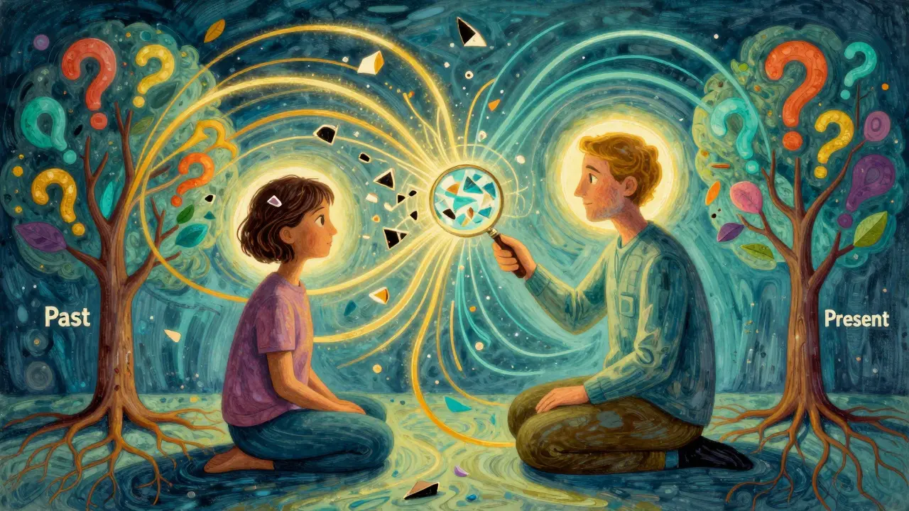 Therapist using a magnifying glass to transform chaotic emotions into connected light patterns.