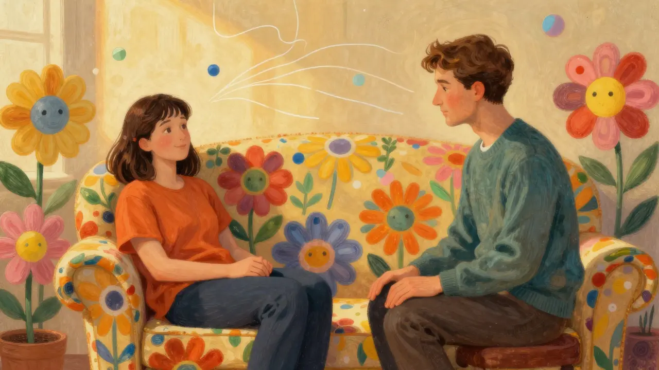 Ticho mezi terapeutem a klientem, plné pohyblivých barevných symbolů myšlenek.