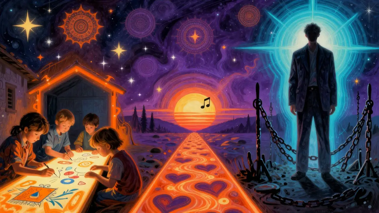 Viktor Frankl v koncentračním táboře s třemi zářícími cestami k smyslu života, plnými symbolů a hvězd.