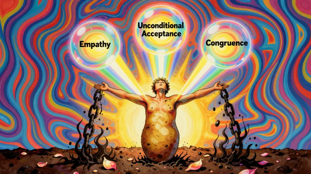 Brambora vyklíčí pod třemi zářivými principy rogersovské terapie.