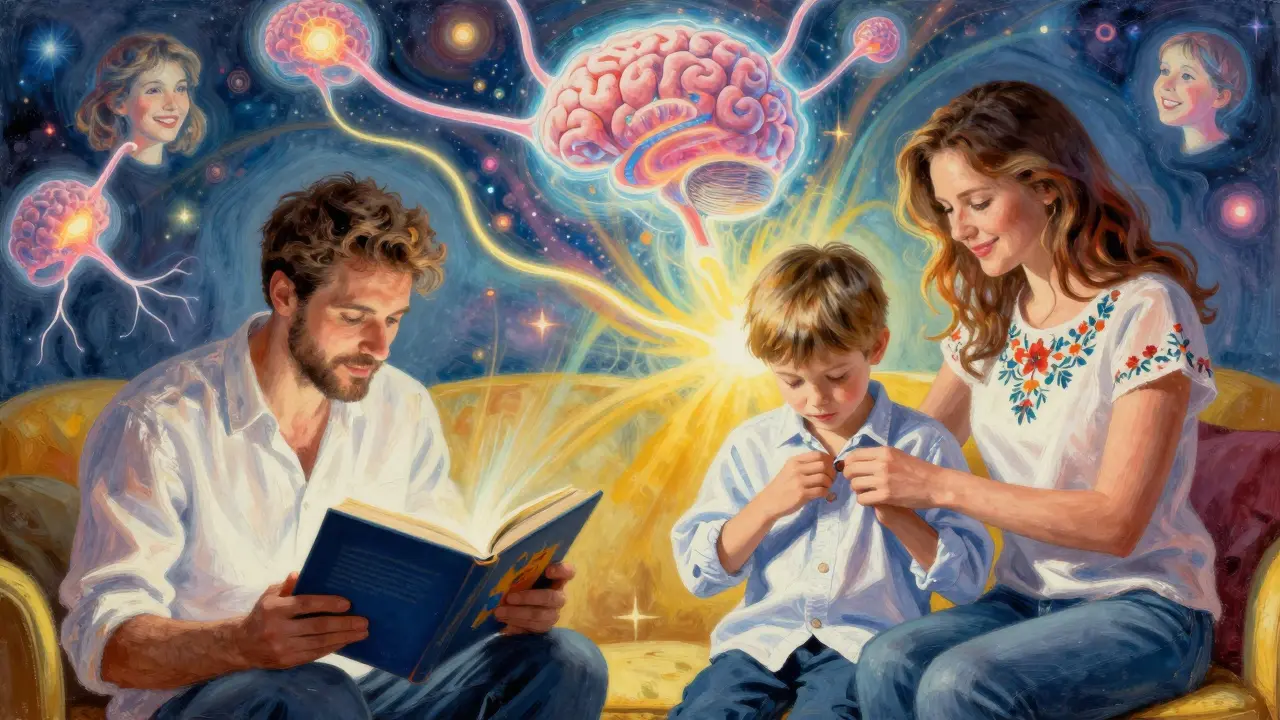 Česká rodina spolu dělá každodenní činnosti, kolem nich plavou obrazy mozkových spojení a obličejů.