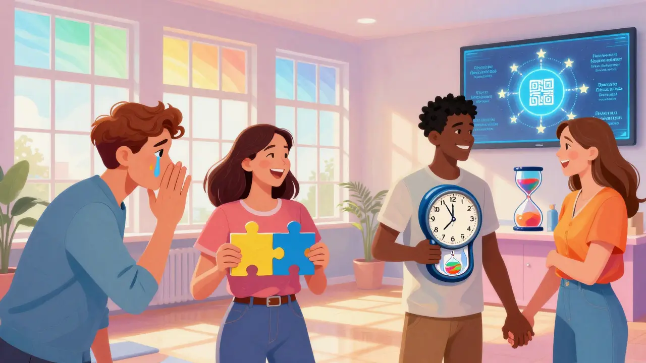 České páry v barevném terapeutickém prostředí, kde se jejich vztahy proměňují, zatímco registrují certifikované terapeuty.