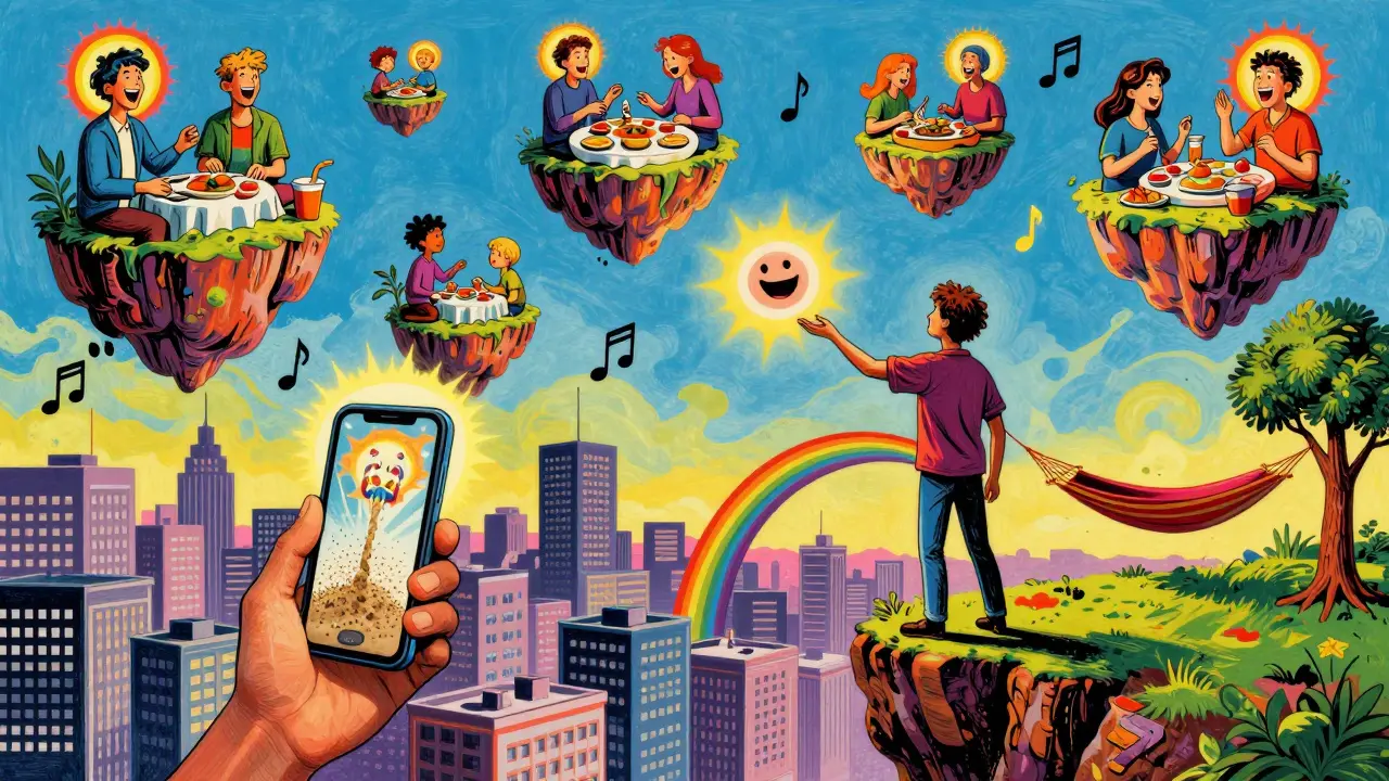 Člověk na okraji útesu, odkazuje se od kancelářského města k obloze plné radosti a volnosti.