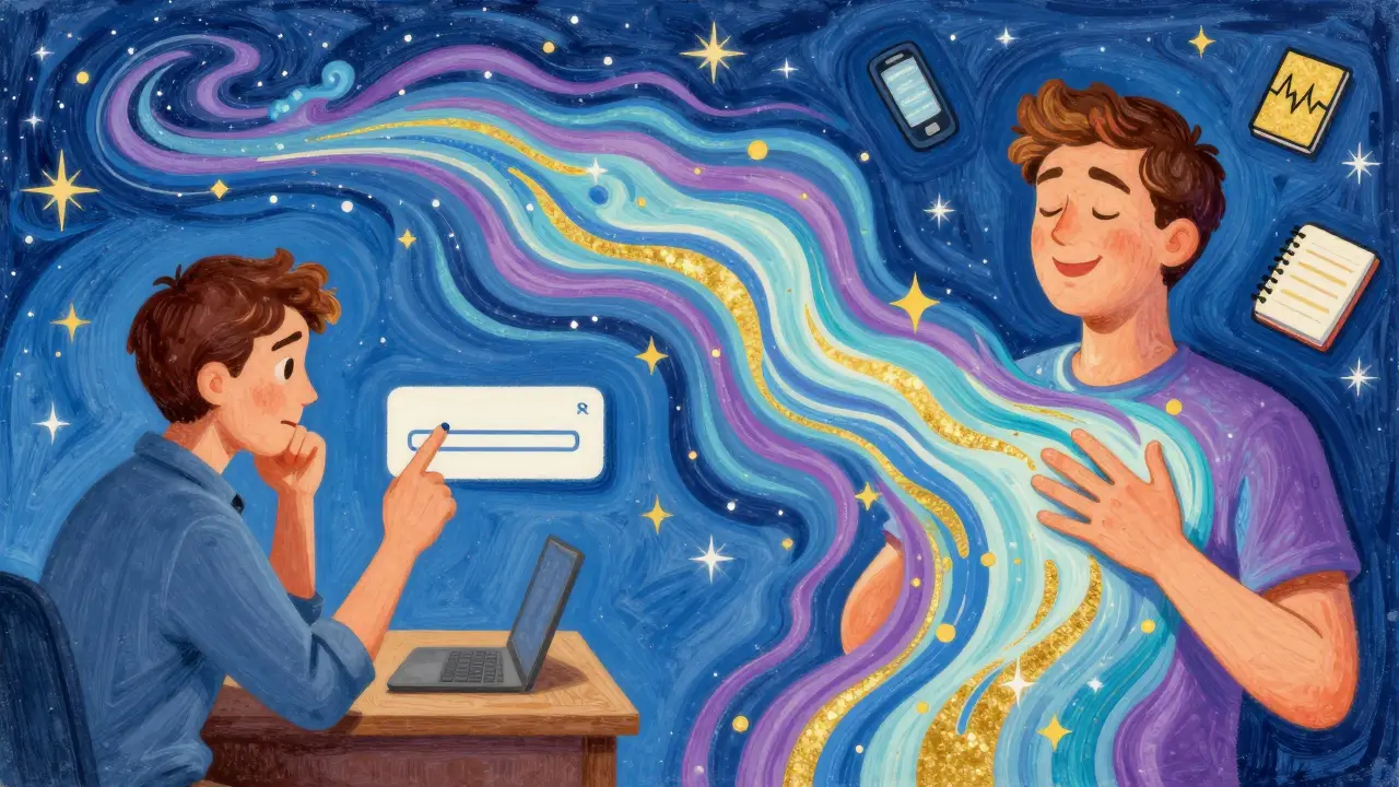 Člověk v klidu cítí emocionální uvolnění, kolem něj plavou barvité vlny a symbolem růstu strom, přes obrazovku se vidí terapeut.