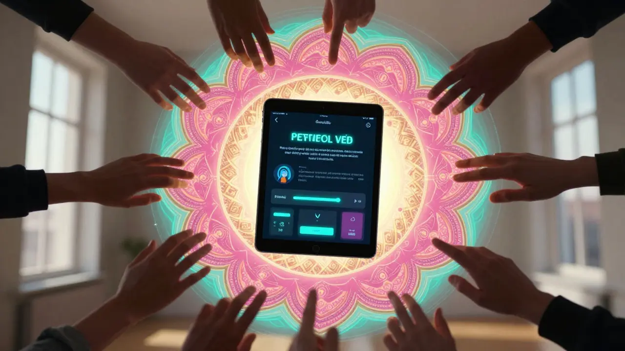 Digitální aplikace na tabletu s kroužícími mandalami, symbolizující přístup k terapii v Česku.