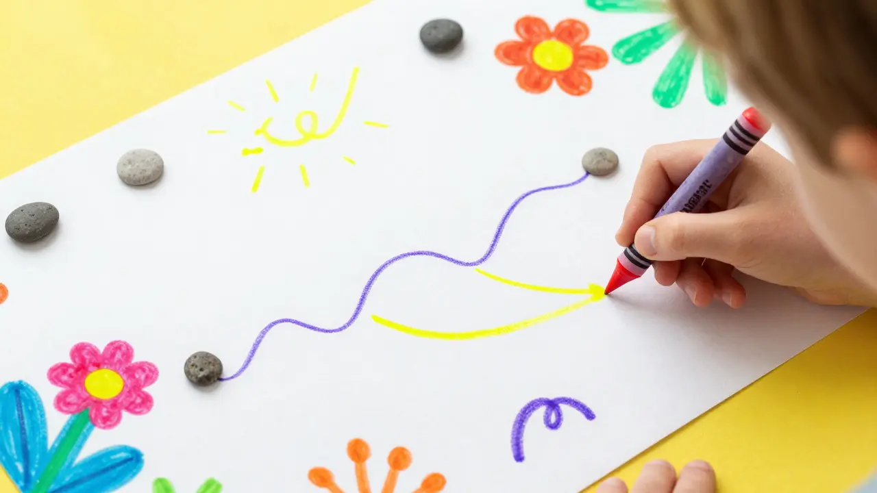 Dítě kreslí životní linku s květinami a kameny na papíře