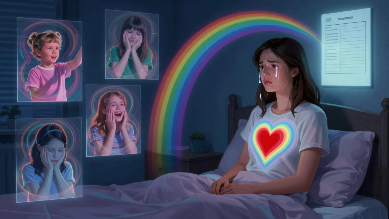 Dospělá žena v noci pláče, zatímco její minulé předstírání se objevuje jako průzračné barevné halosy kolem ní.