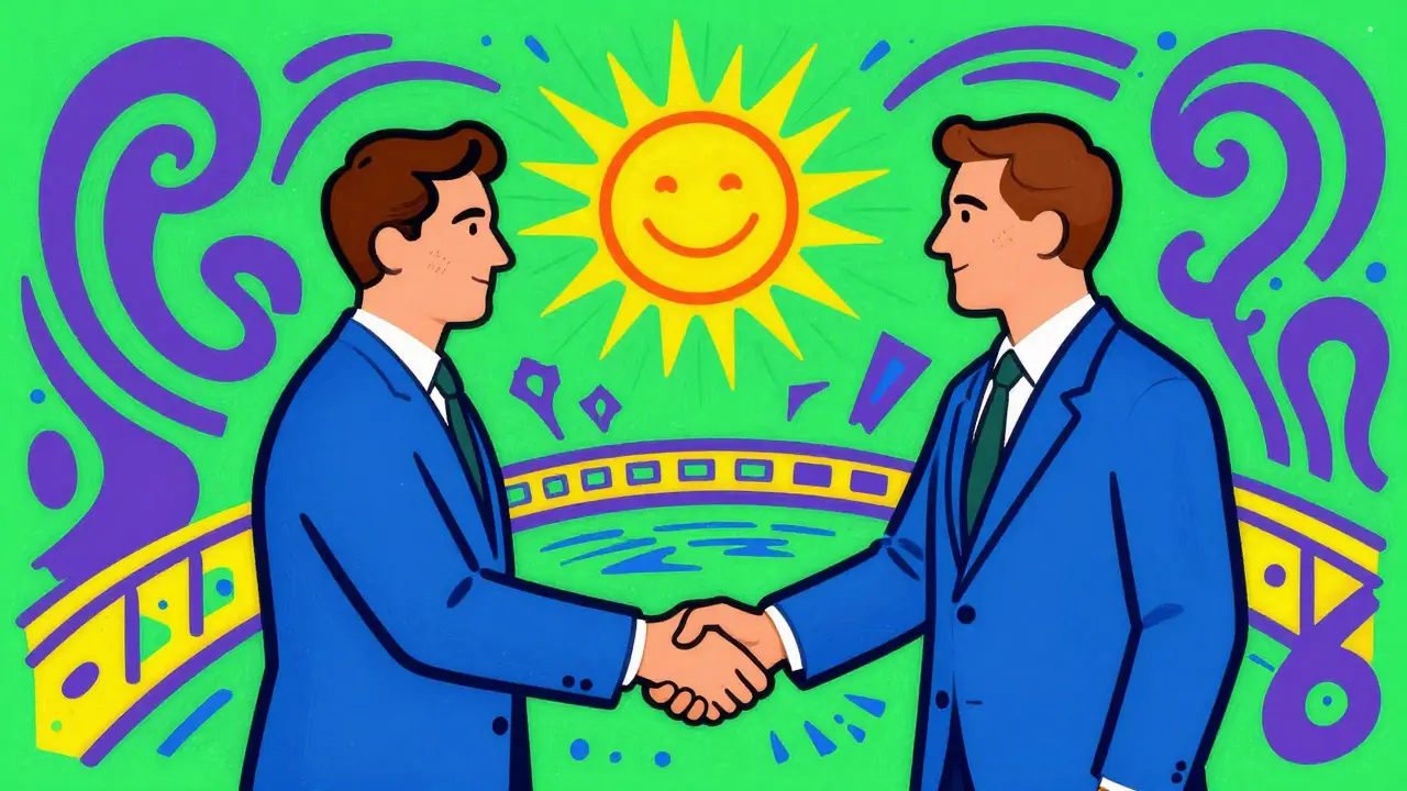 Dva lidé stiskují ruce pod sluncem s barevným mostem.