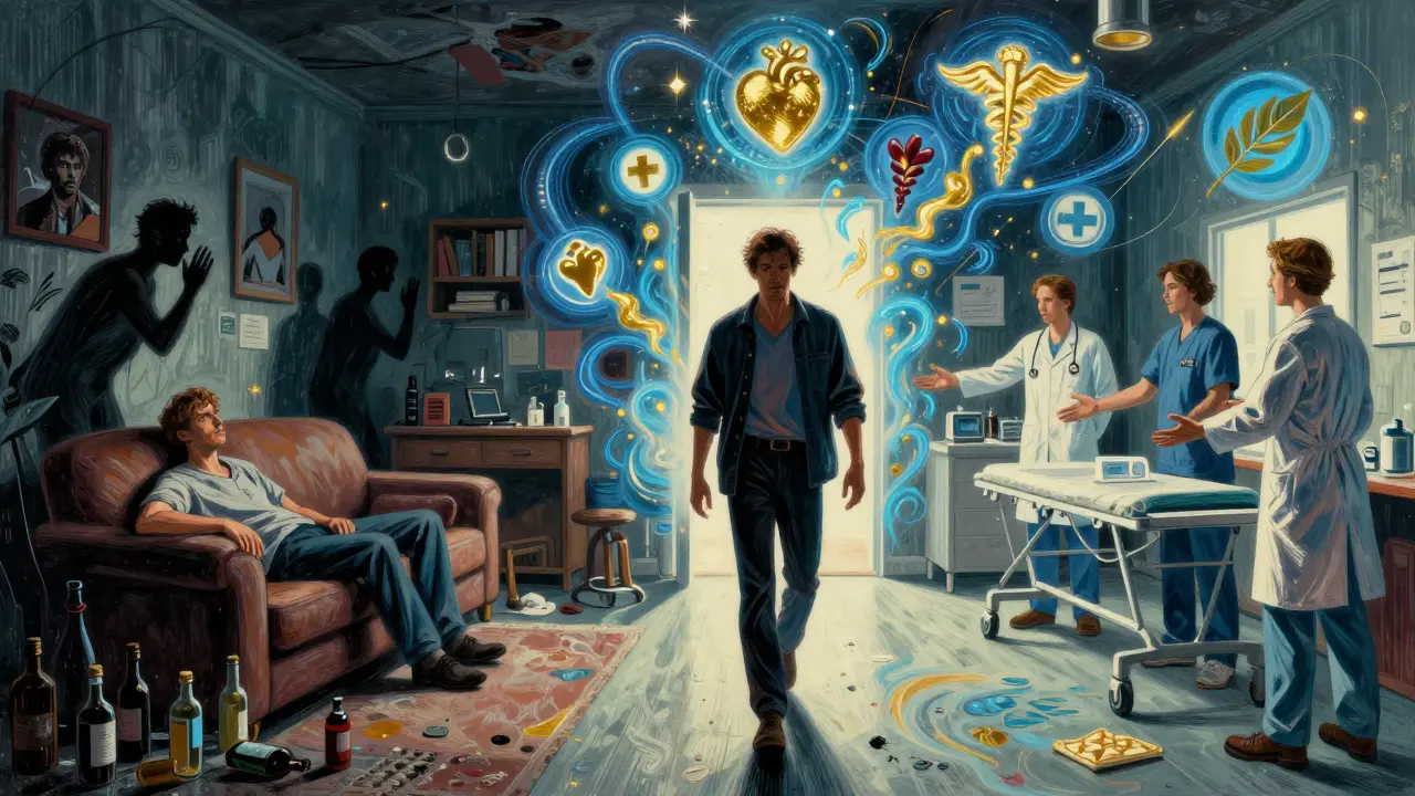 Dvojí scéna: jedna strana s temnou závislostí, druhá s jasným vstupem do léčby — znázorňující výběr mezi zánikem a obnovou.