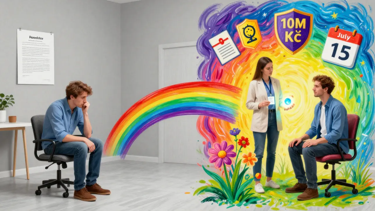 Klient v šedé místnosti vs. stejný klient v radostném, křídlovém prostoru s registračním odznakem a symbolem roku 2025.