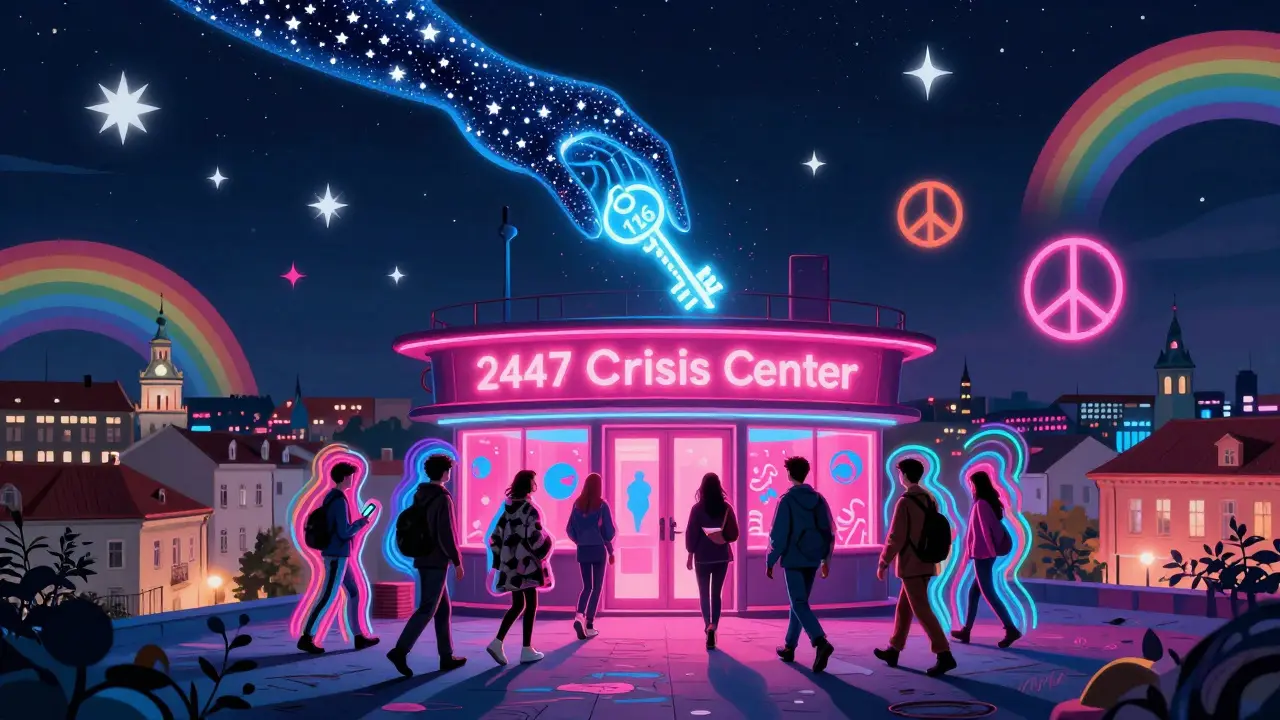 Krizové centrum ve tvaru plavající budovy v noci, lidé se blíží k jeho vstupu, v pozadí město a hvězdy.