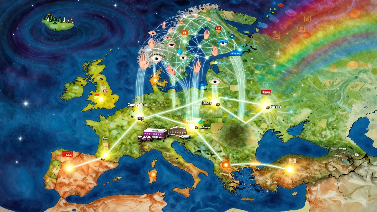 Mapa Česka s propojenými městy a digitálními vlákny tvořícími síť podpory.