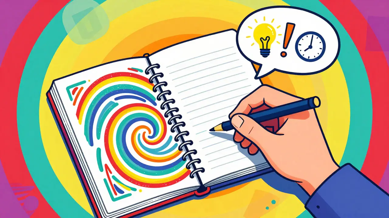 Osoba píše do sešitu s duhovými vzory a symboly v myšlenkové bublině.