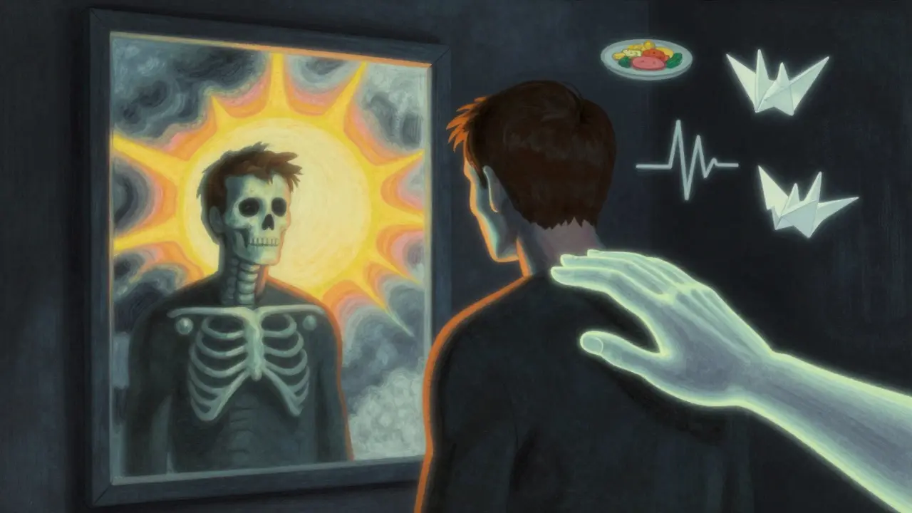 Osoba se dívá do zrcadla, zatímco zářící ruka z jejího odrazu ji dotýká ramene.