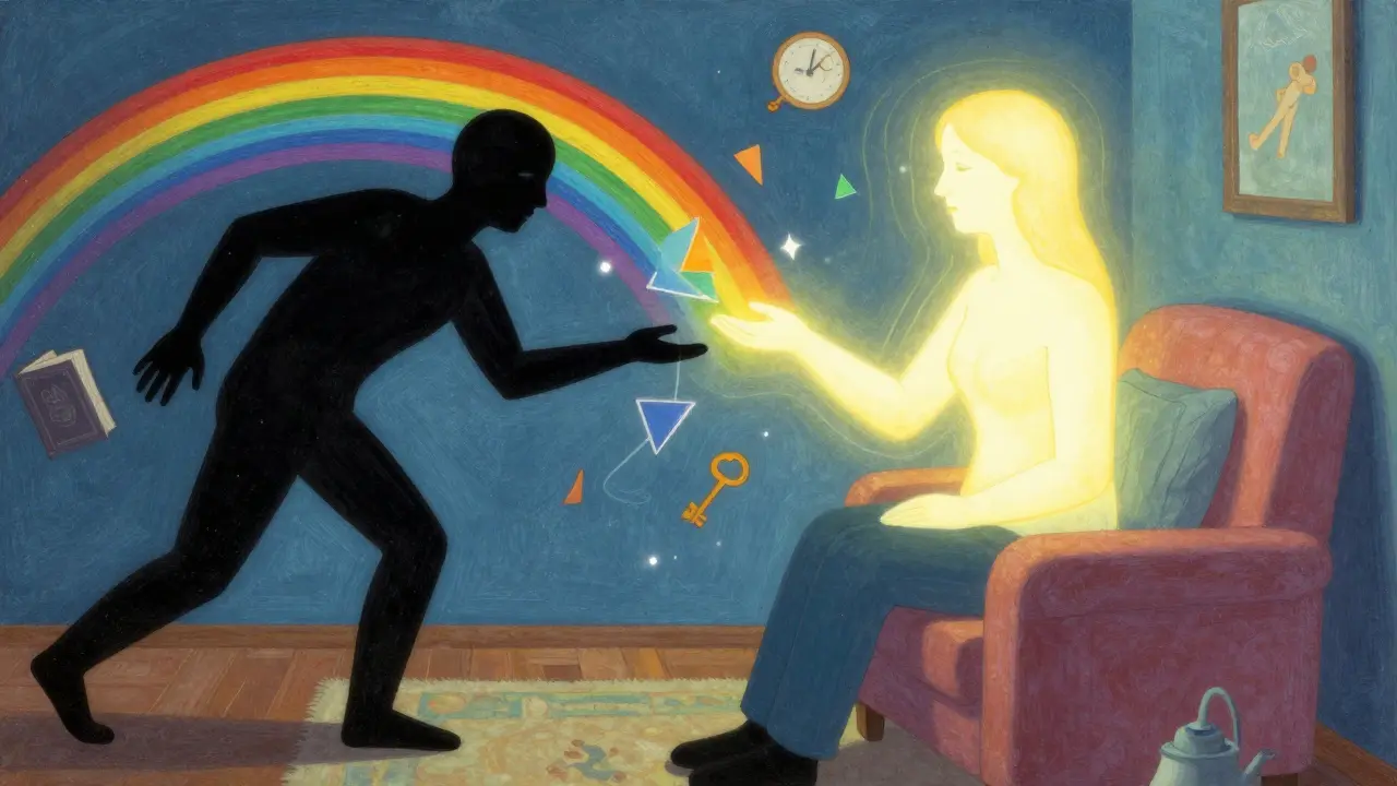 Osoba si představuje, jak děsivý stín přemění v přívětivou postavu, symbolizující terapii a změnu.