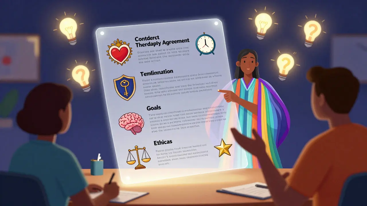 Plavající terapeutická dohoda s osmi klíčovými prvky jako jasné symboly v křehkém, barvitém prostředí.