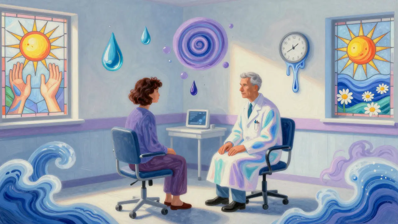 Psychiatr a pacient v klidné místnosti plné proudu barevných emocí a světla, symbolizujícího bezpečí a podporu.