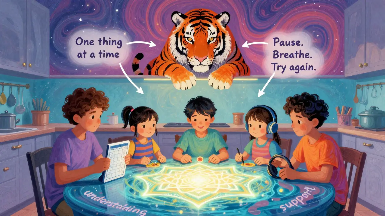 Rodina spolu sedí u stolu pod nebeským mandalou, která spojuje jejich podporu s jednoduchými pravidly.