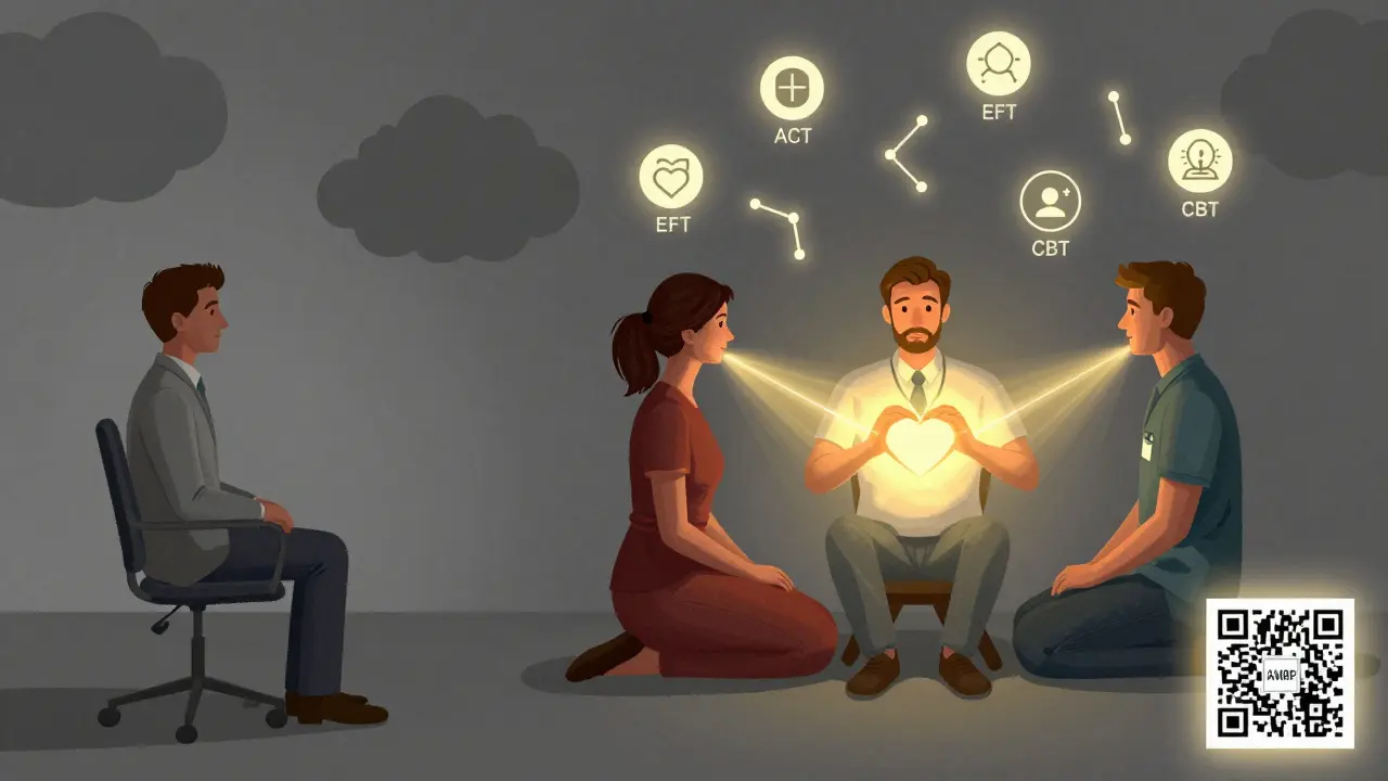 Rozdělený scénář: jediný terapeut vs. dvojice terapeutů s certifikací, kde světlo spojuje slyšení partnerů.